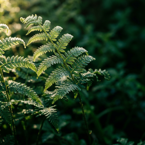 Editorial nature photograph, macro close-up of sunlit fern leaves with tiny dew beads, deep emerald foliage, muted lime