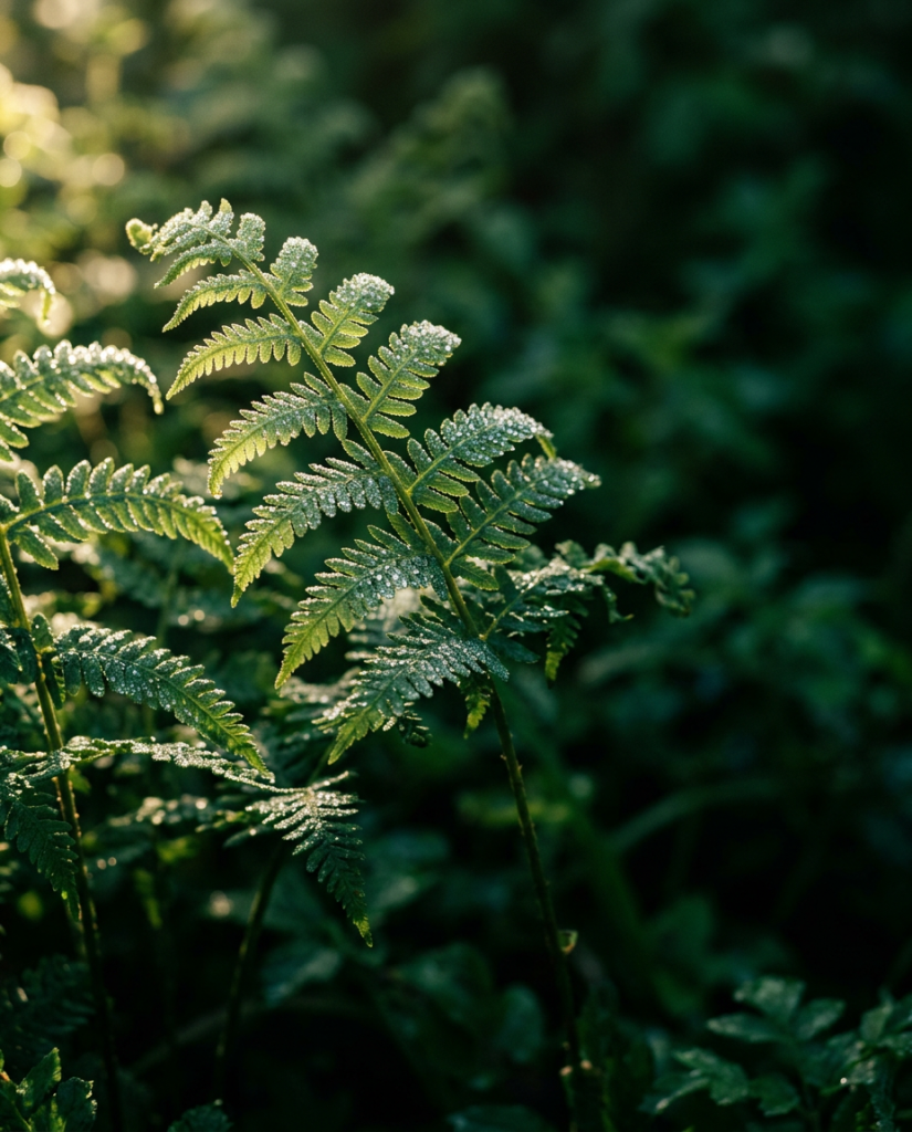 Editorial nature photograph, macro close-up of sunlit fern leaves with tiny dew beads, deep emerald foliage, muted lime